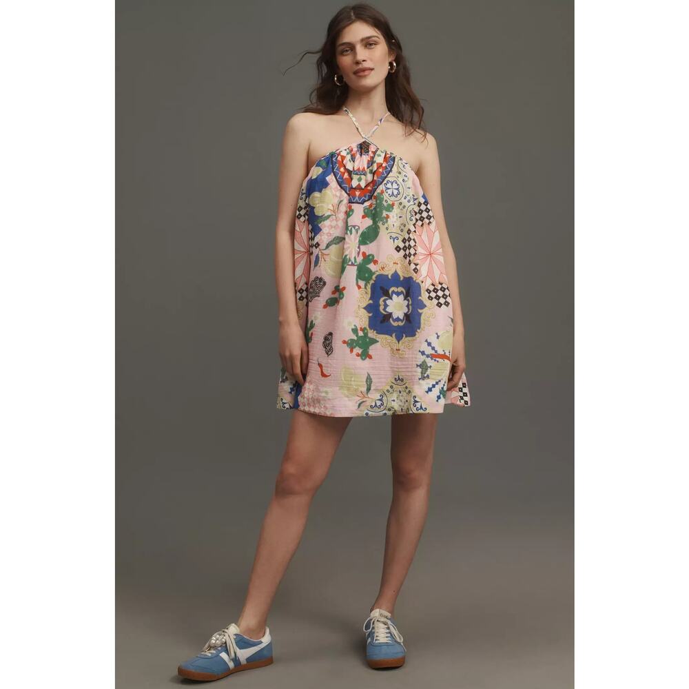 New Anthropologie Maeve Printed Halter Swing Mini Dress $148 X-SMALL Pink - Picture 3 of 5